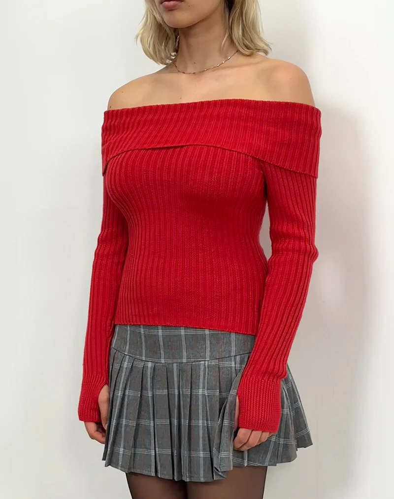 Circe Off-Shoulder Long Sleeve Knit Top in Red - Image 4