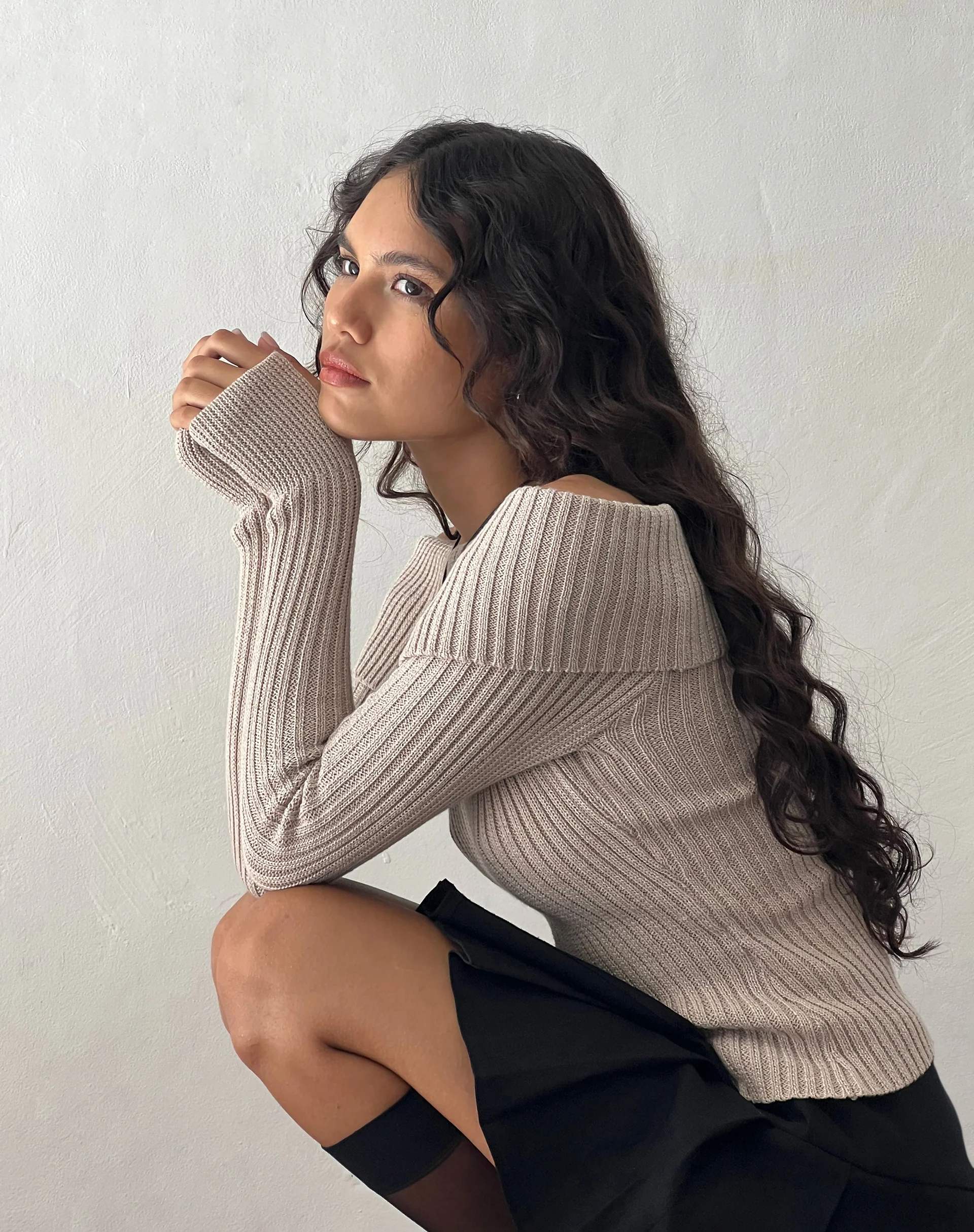 Circe Off-Shoulder Long Sleeve Knit Top in Natural - Image 2