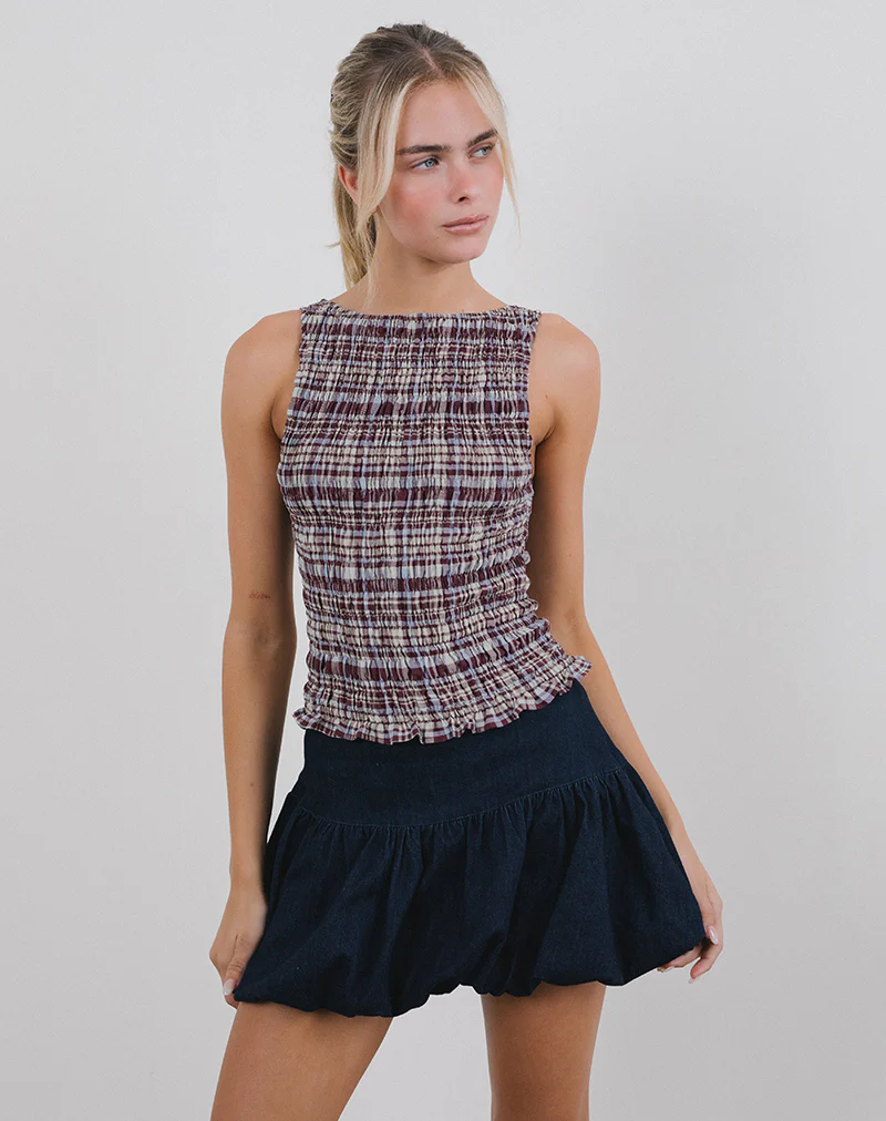 Ciripa Shirred Sleeveless Top in Multi Check Brown - Image 2