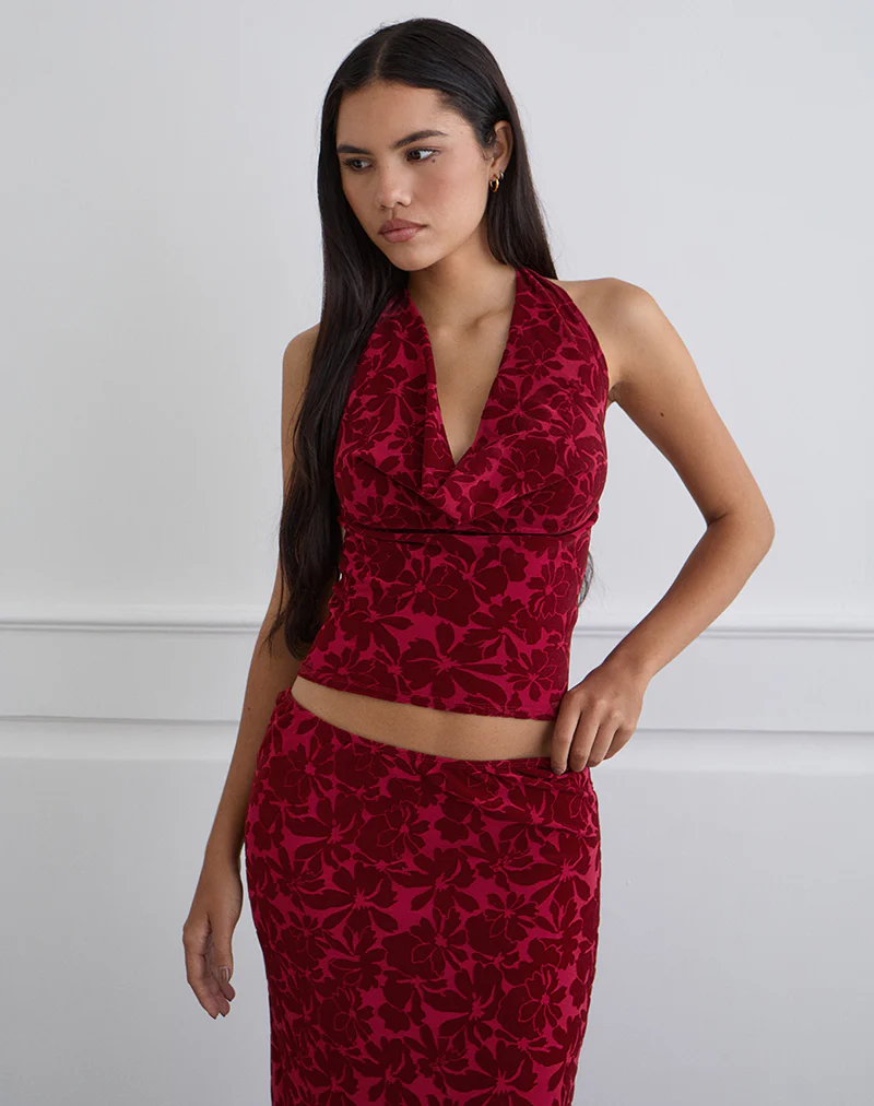 Clandy Cowl Top in Flocked Mesh Flower Cherry - Image 2