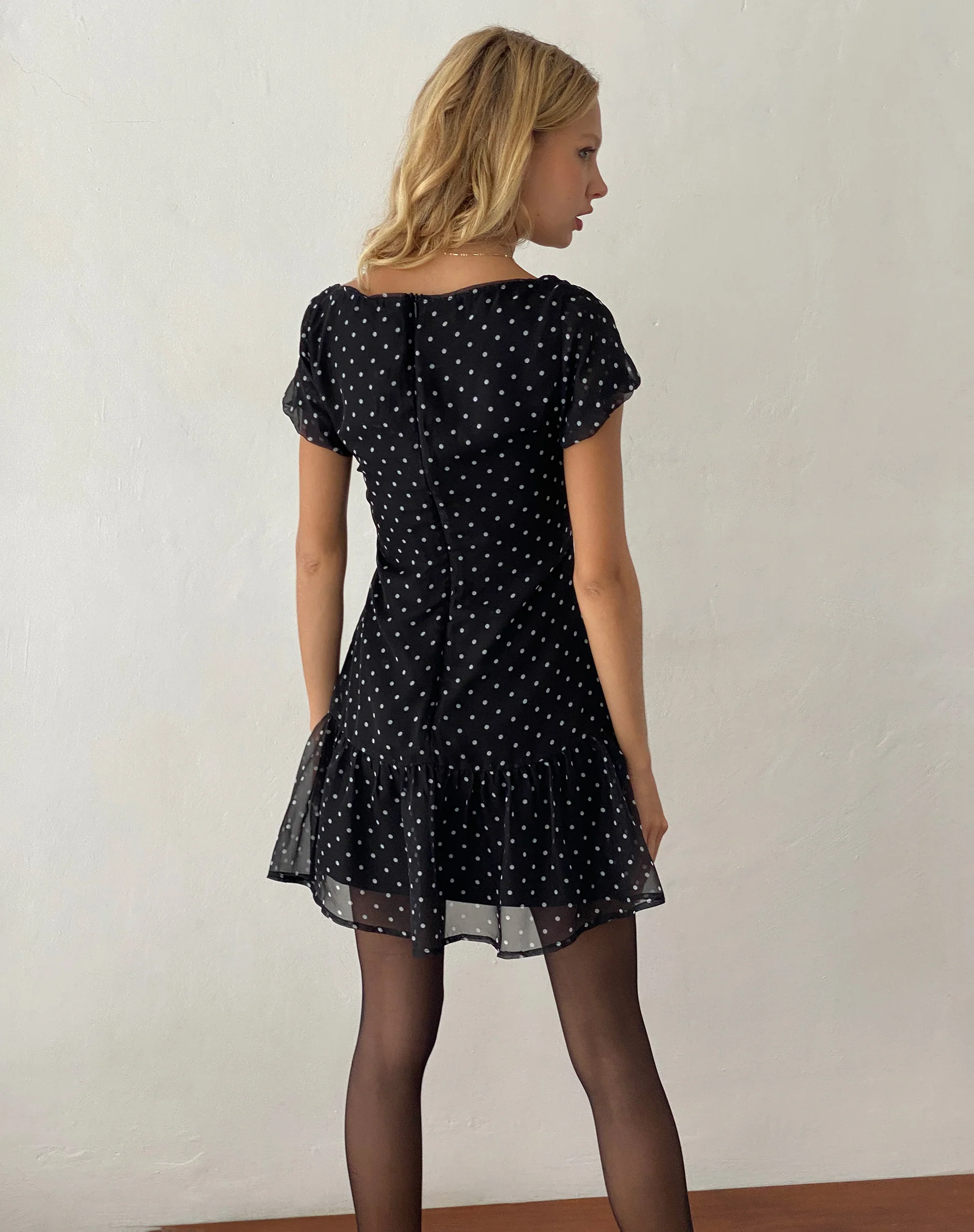 Clara Mini Dress in Polka Black Chiffon - Image 5