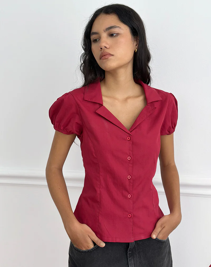 Cloma Fitted Blouse with Puff Sleeves in Adrenaline Red - Image 2