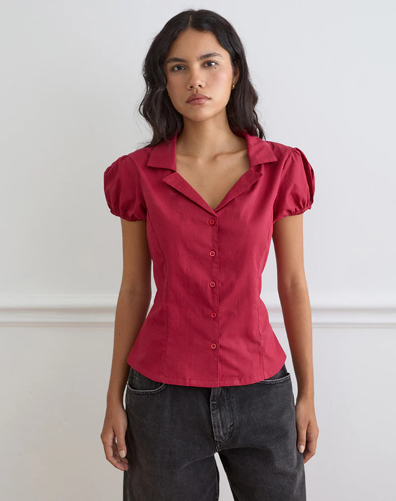 Cloma Fitted Blouse with Puff Sleeves in Adrenaline Red - Image 3