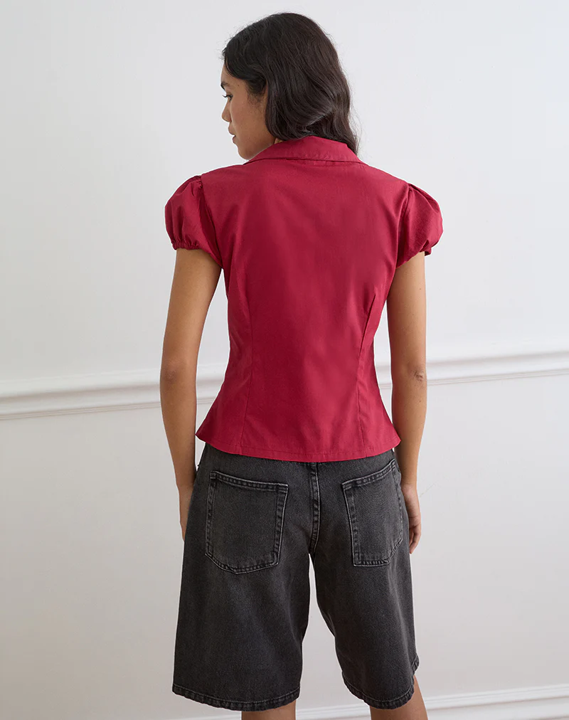 Cloma Fitted Blouse with Puff Sleeves in Adrenaline Red - Image 4