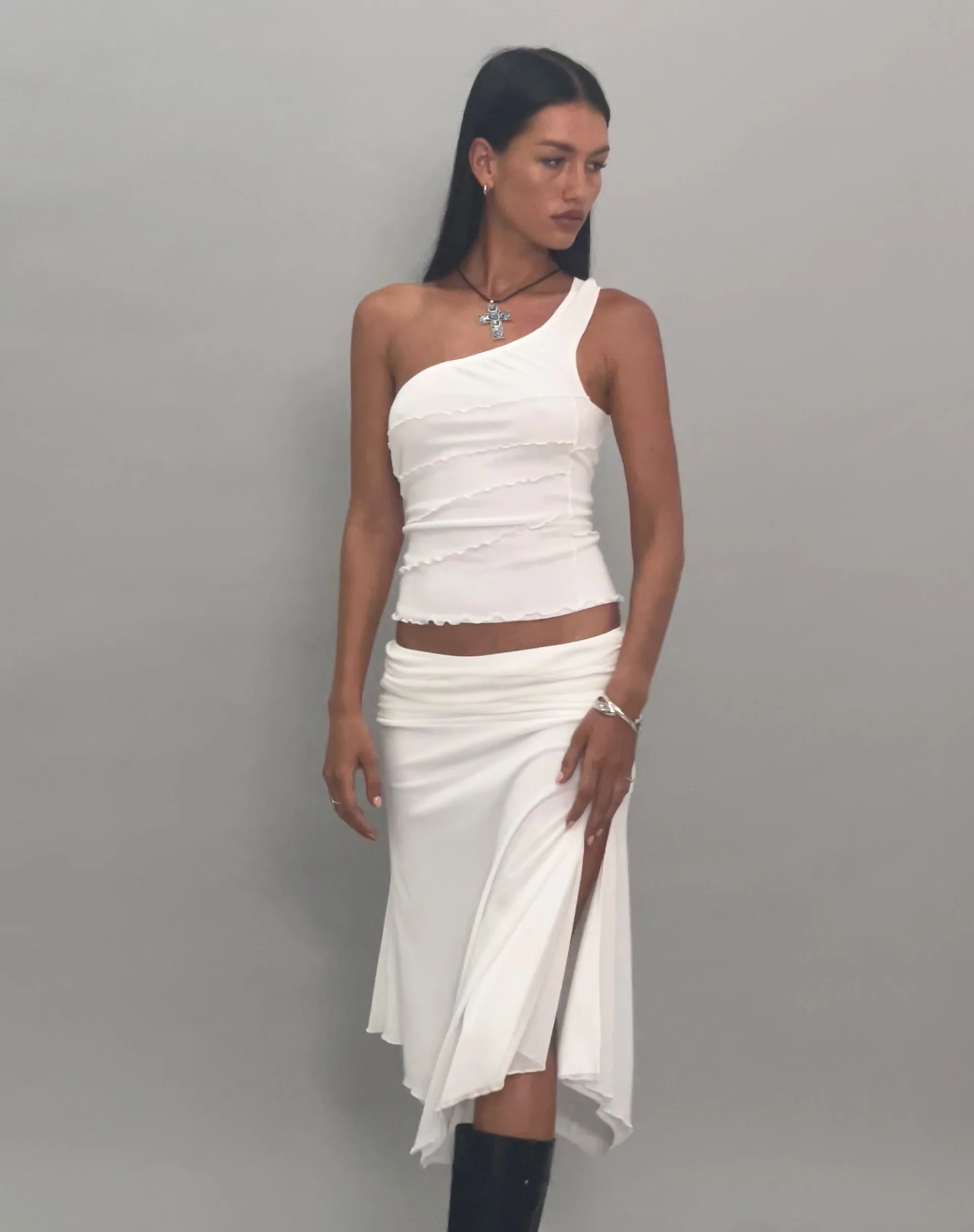 Cochise Seam Detail One Shoulder Mesh Top in Ivory - Image 2