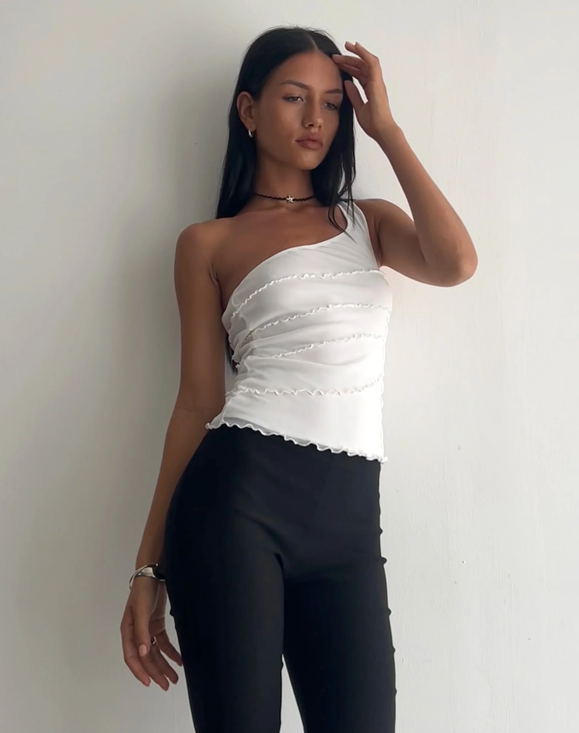 Cochise Seam Detail One Shoulder Mesh Top in Ivory - Image 3