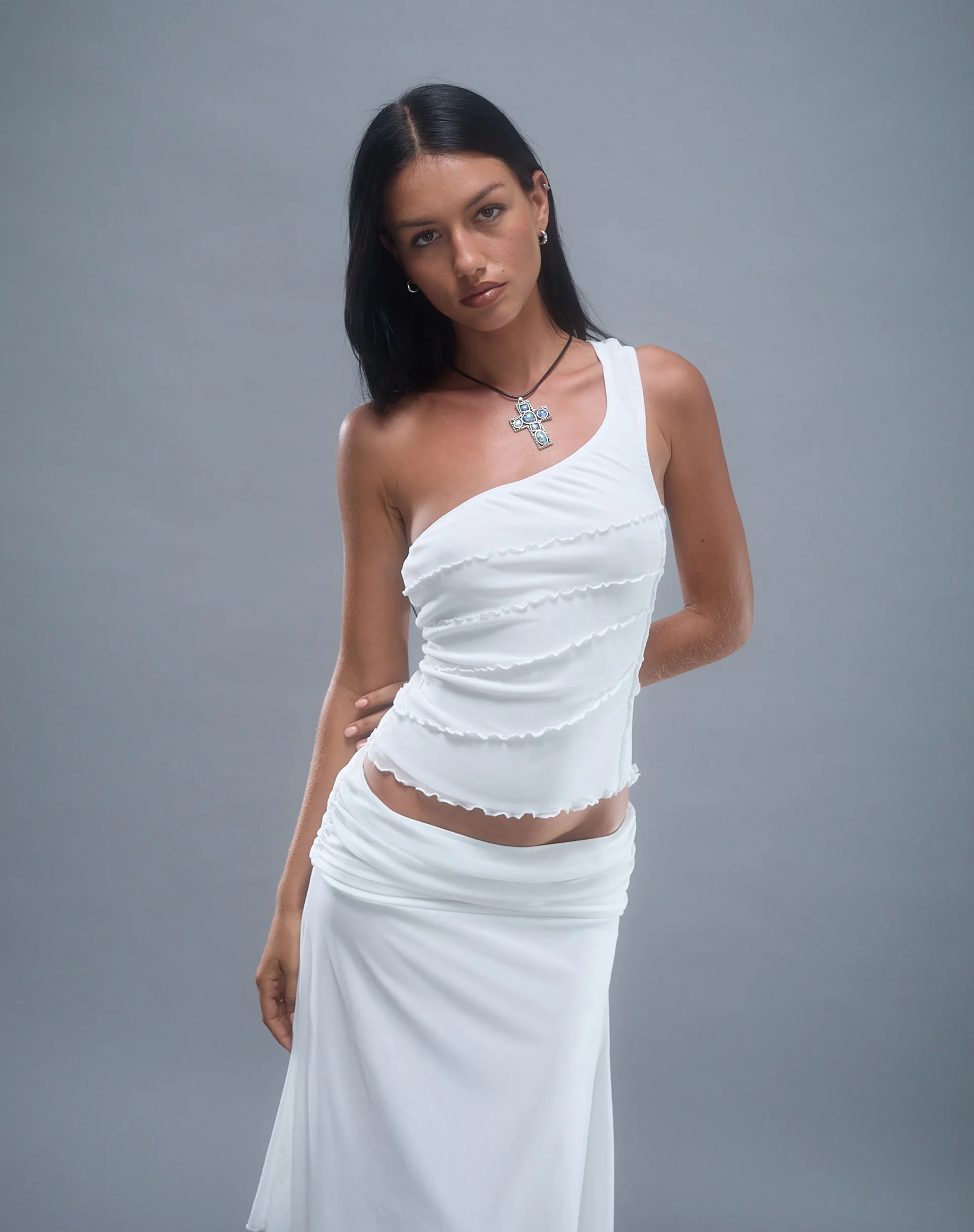 Cochise Seam Detail One Shoulder Mesh Top in Ivory - Image 6