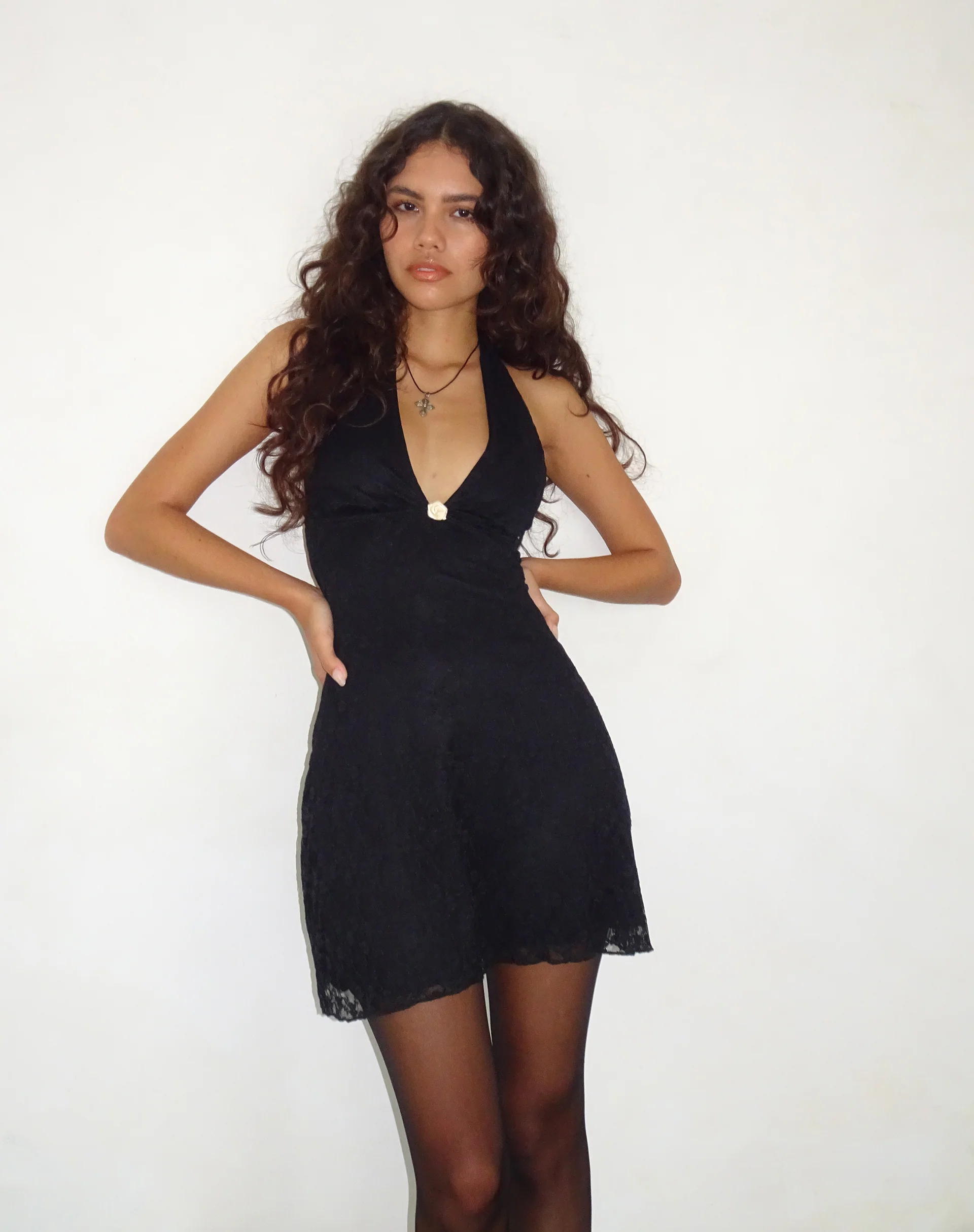 Codami Halterneck Mini Dress in Lace Black - Image 2