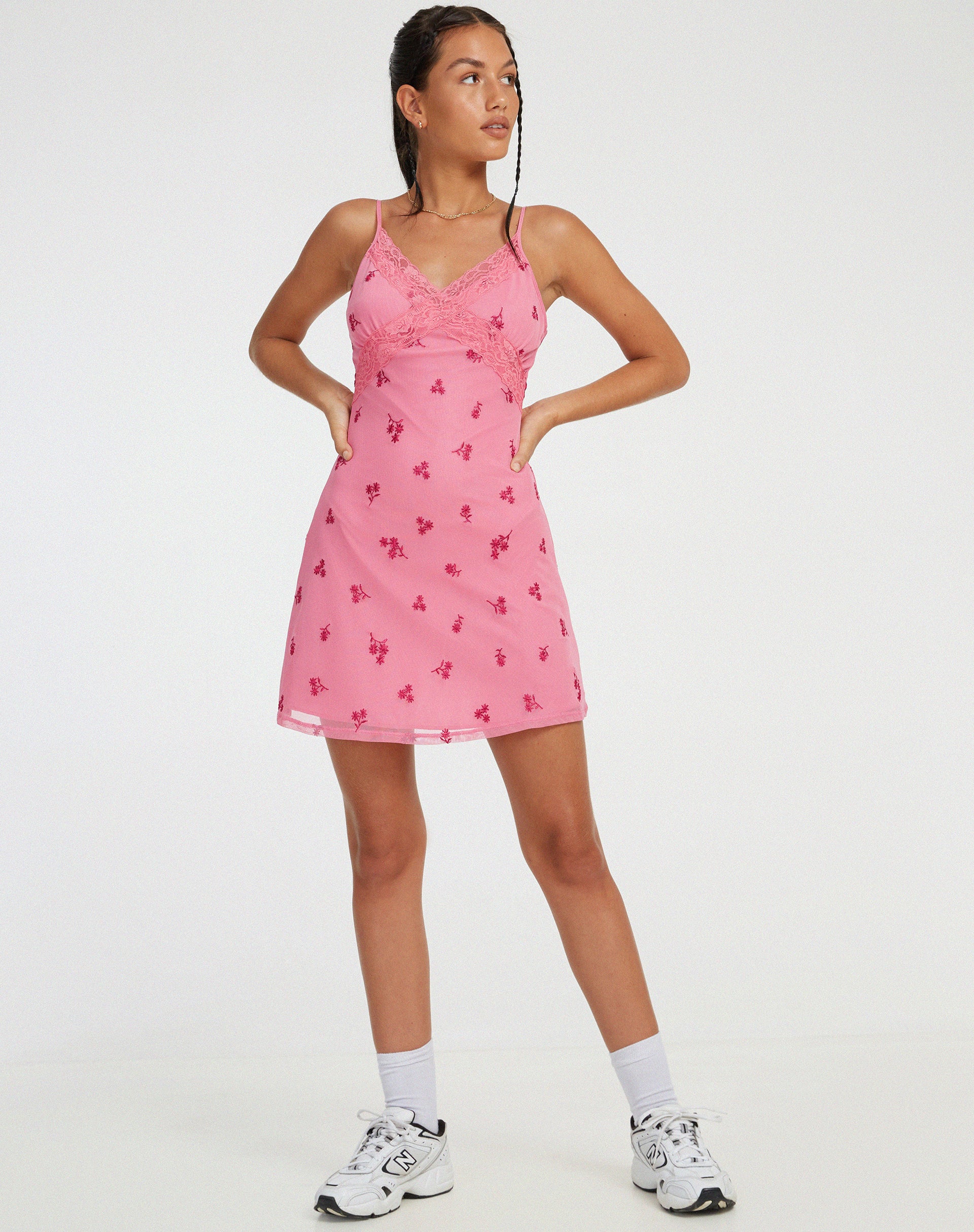 Coline Mini Dress in Pink Ditsy Daisy Embro - Image 3
