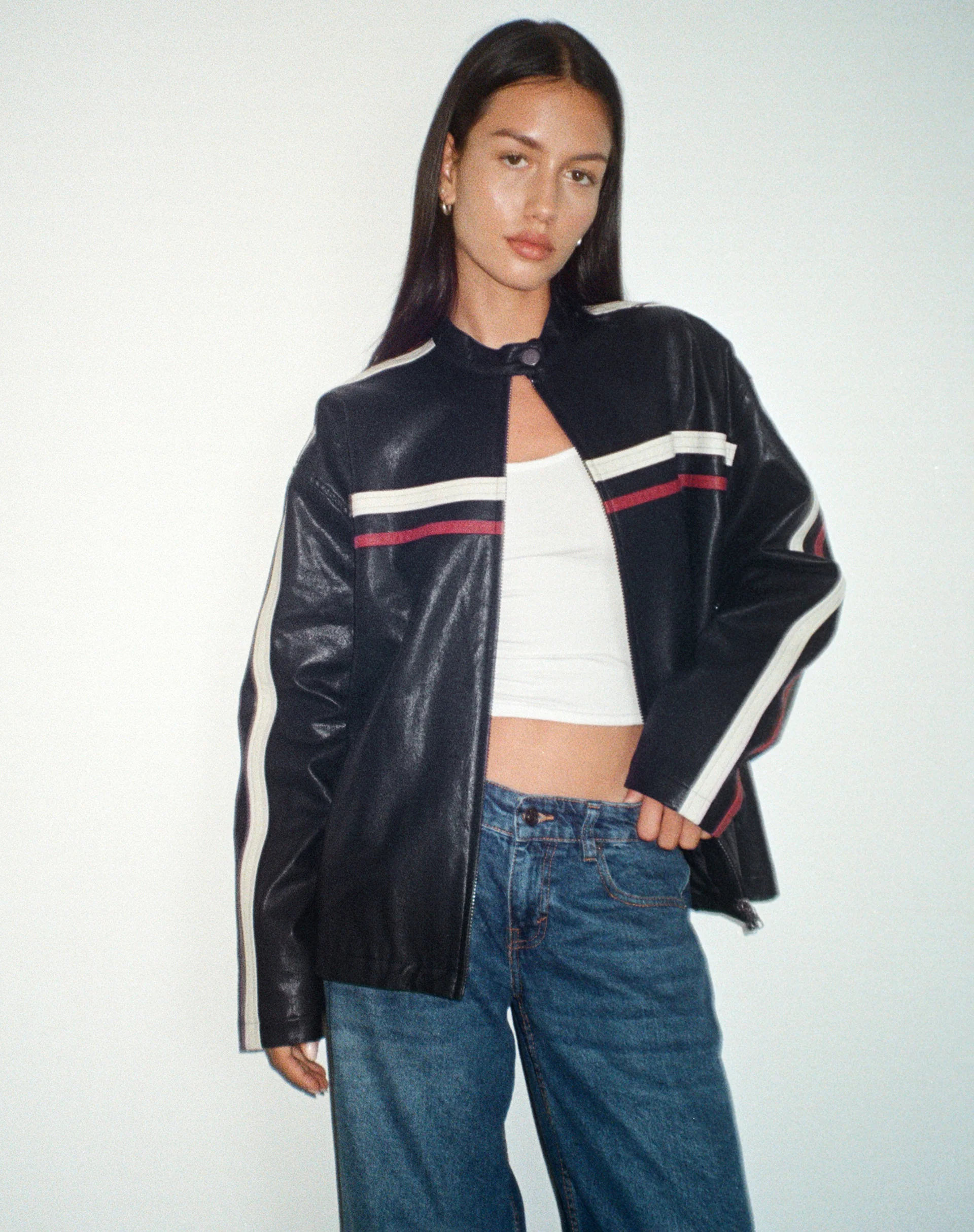 Colton Jacket in PU Black with Ivory and Red Stripe - Image 5