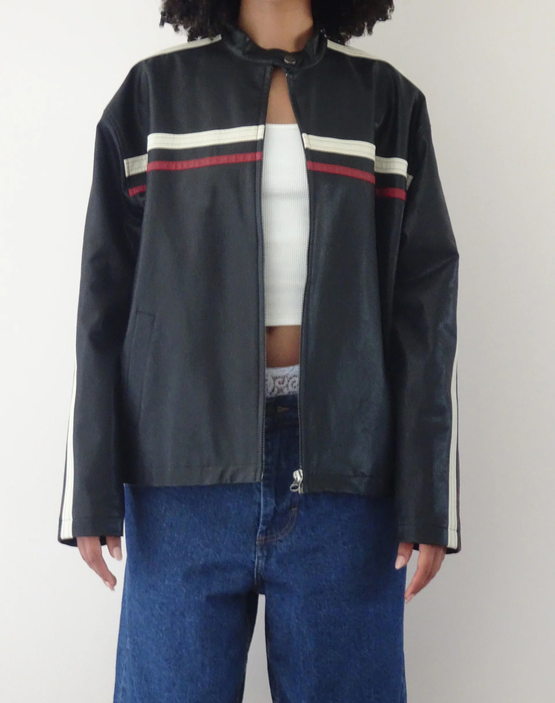 Colton Jacket in PU Black with Ivory and Red Stripe - Image 7