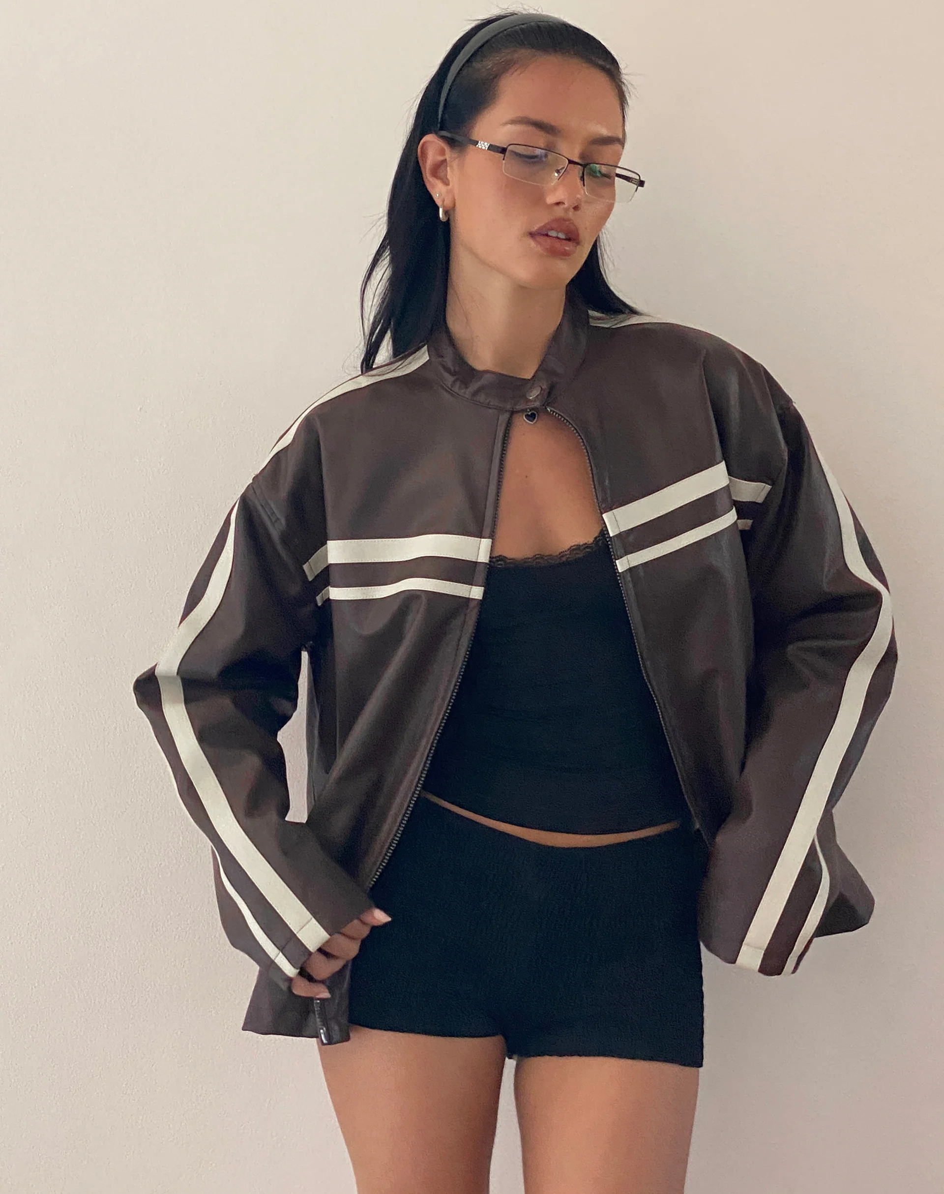 Colton Jacket in PU Chocolate with Ivory Stripe - Image 2