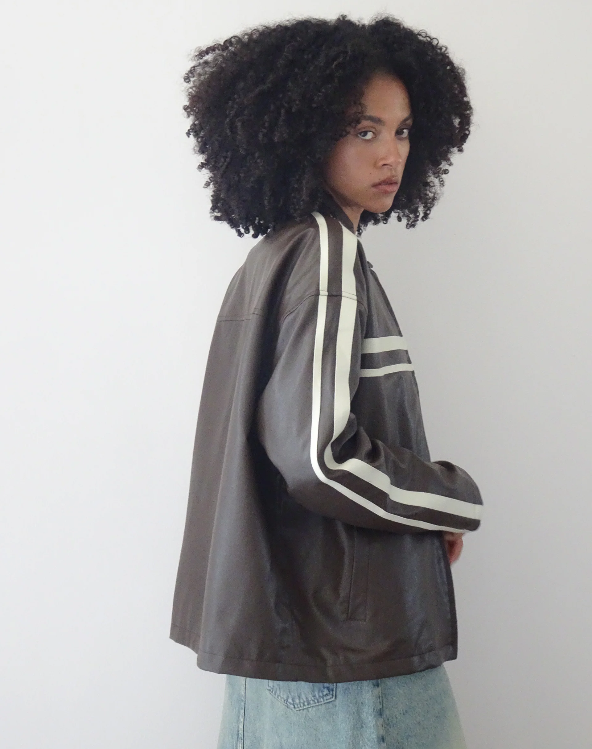 Colton Jacket in PU Chocolate with Ivory Stripe - Image 3