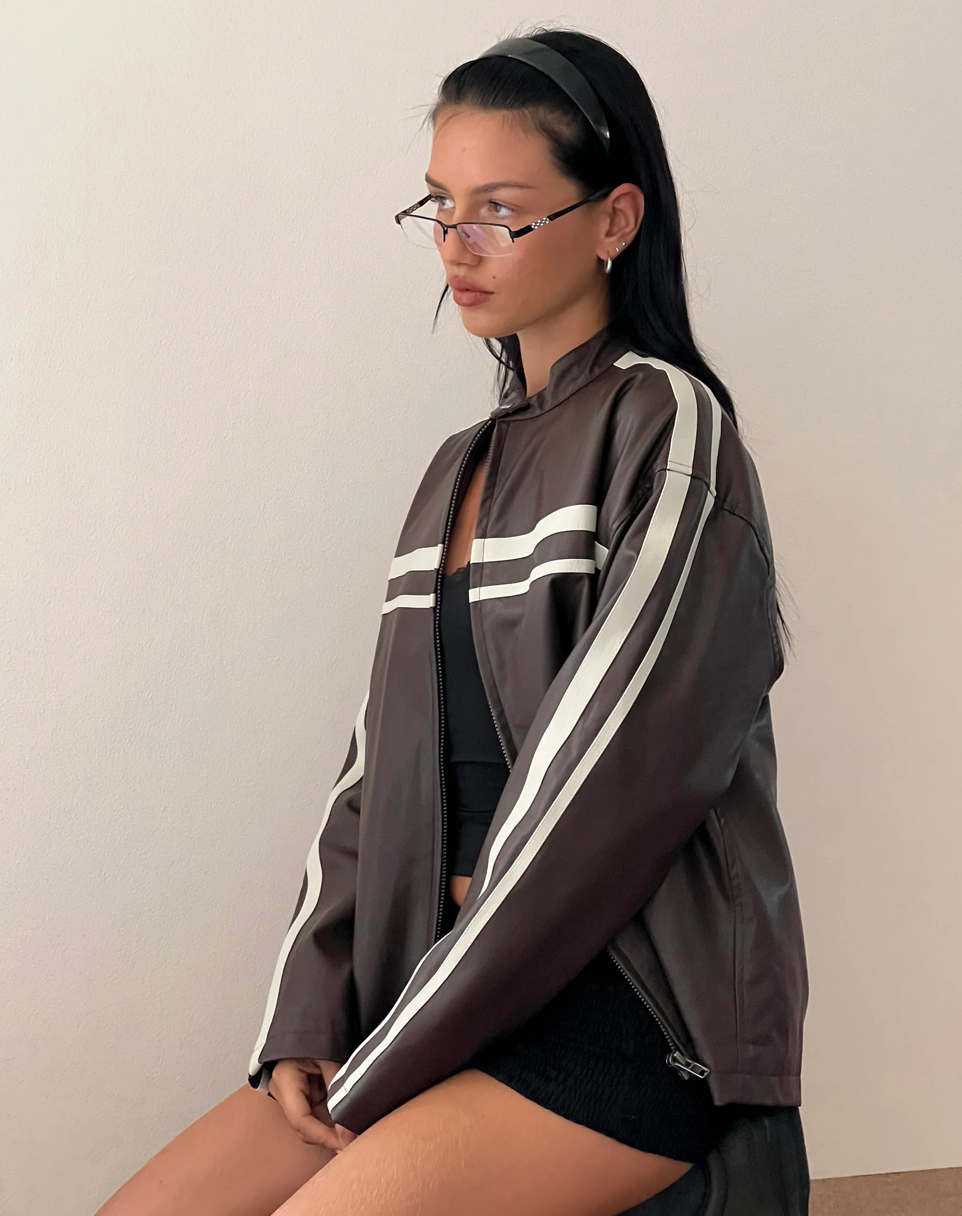 Colton Jacket in PU Chocolate with Ivory Stripe - Image 5