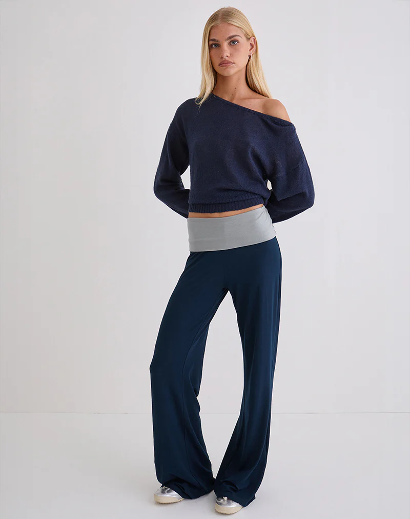 Coreta Foldover Trouser in Navy Grey Combination - Image 2