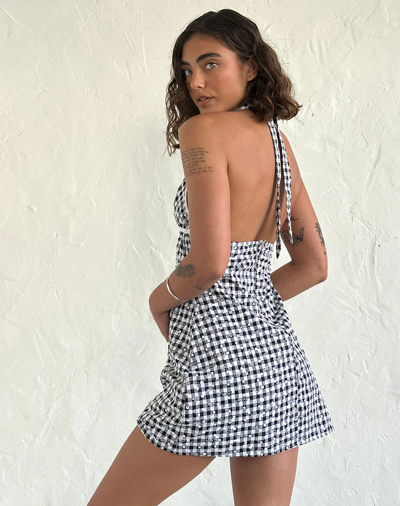 Corla Mini Dress in Black Floral Gingham - Image 3