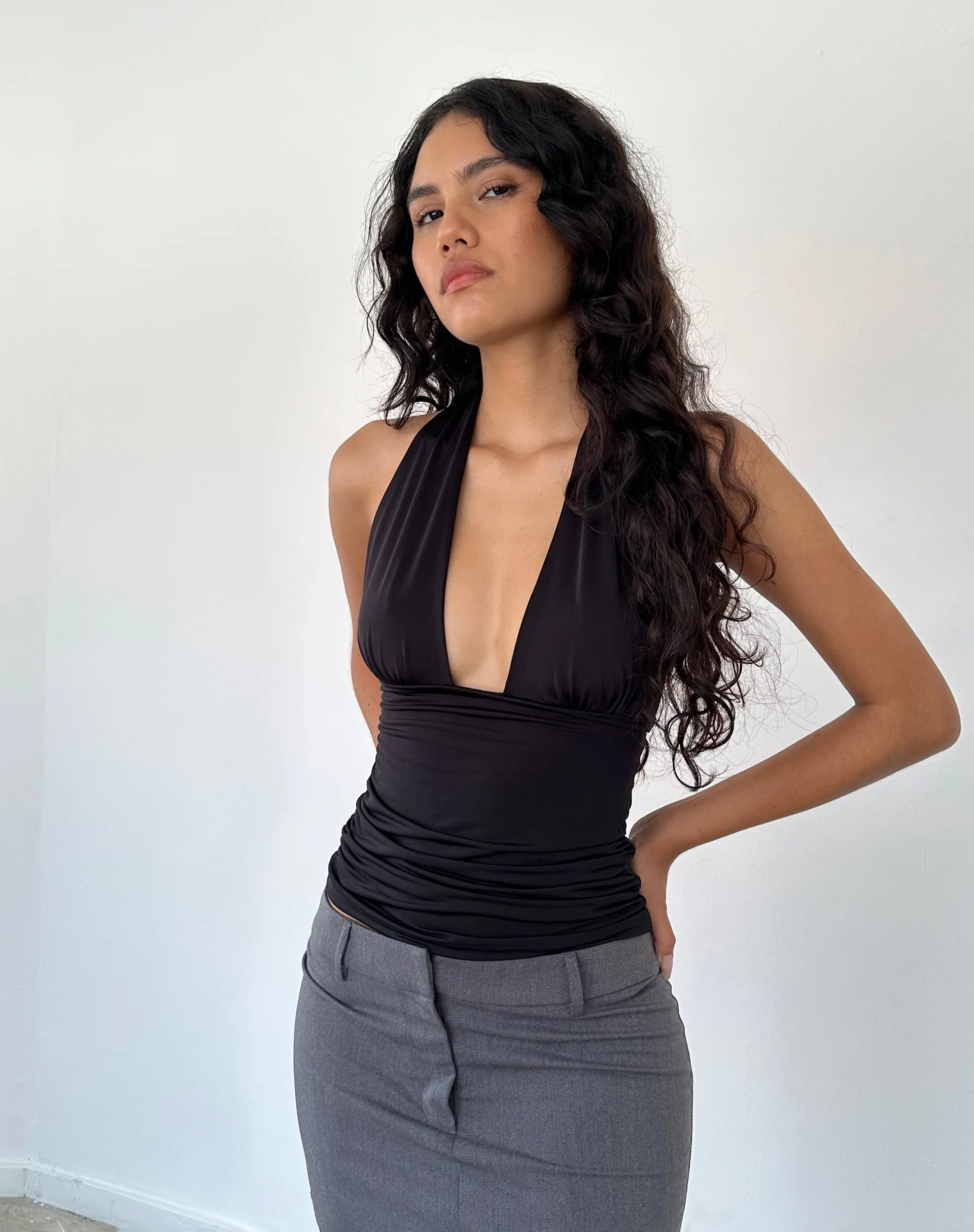 Cosimo Plunge Halterneck Top in Black Slinky - Image 2