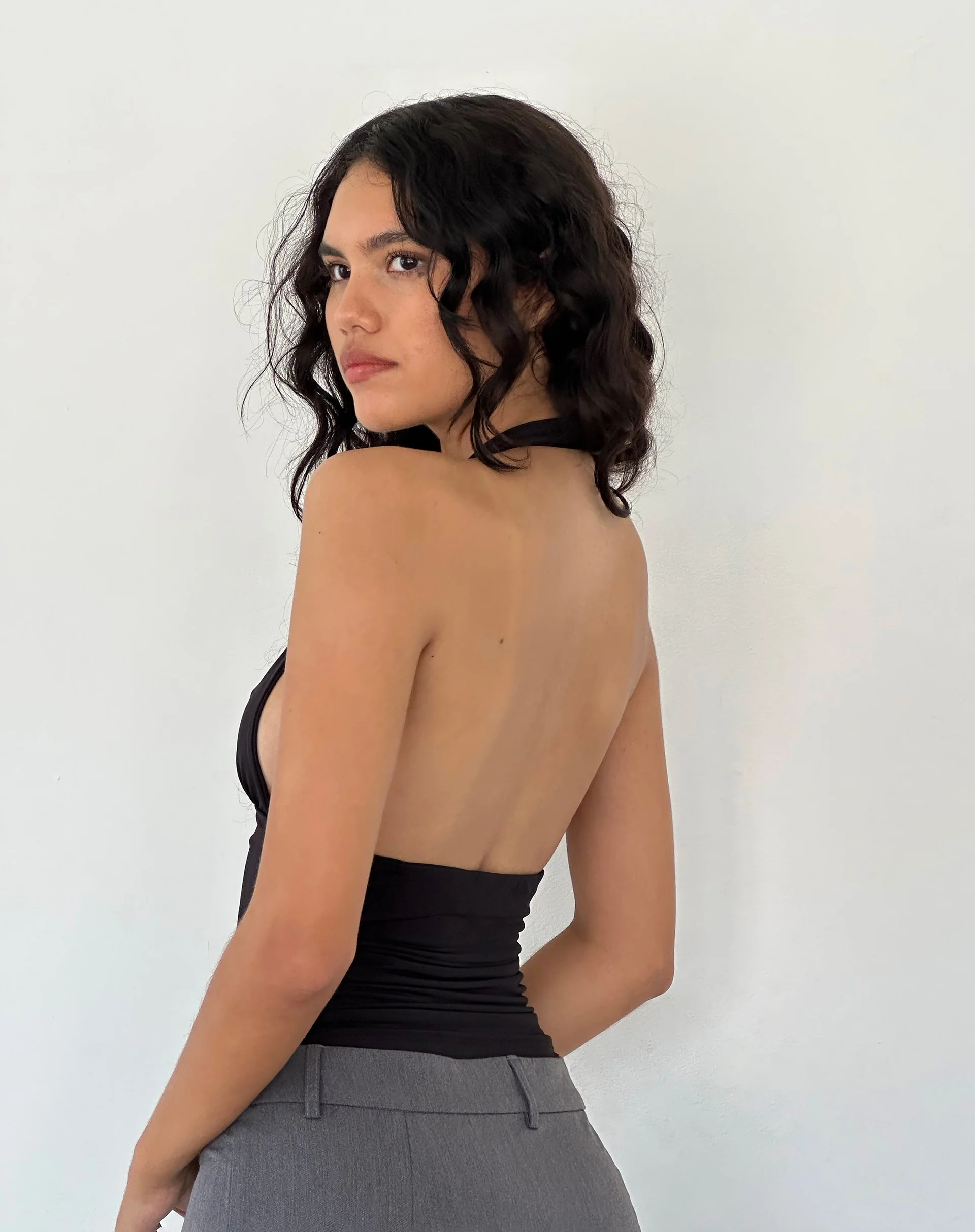 Cosimo Plunge Halterneck Top in Black Slinky - Image 4