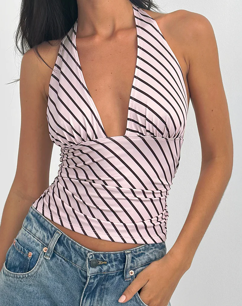 Cosimo Halter Top in Diagonal Stripe Baby Pink - Image 4