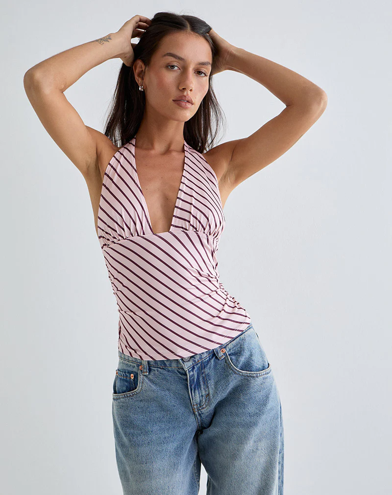 Cosimo Halter Top in Diagonal Stripe Baby Pink - Image 6
