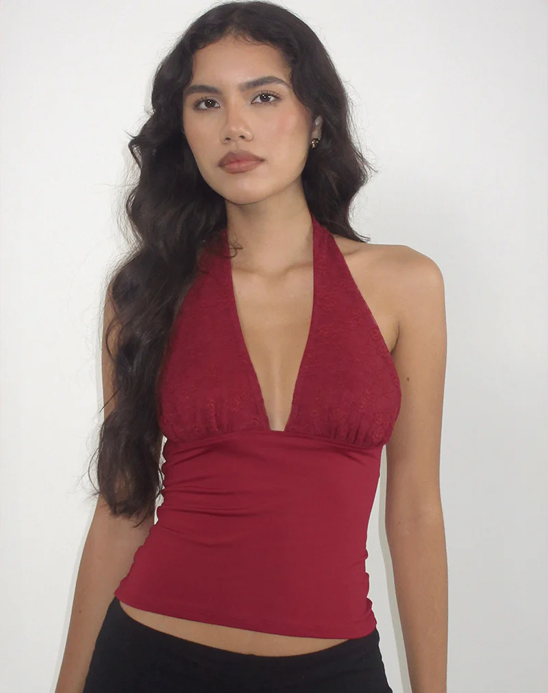 Cosimo Halterneck Top in Lace Red - Image 2