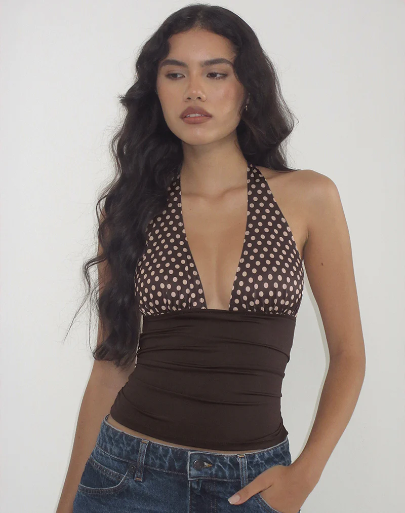 Cosimo Halterneck Top in Polka Bitter Chocolate - Image 4