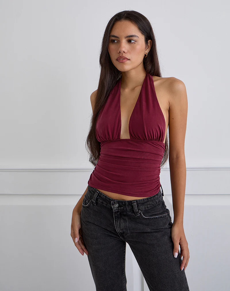 Cosimo Halterneck Top in Cupro Dark Red - Image 2