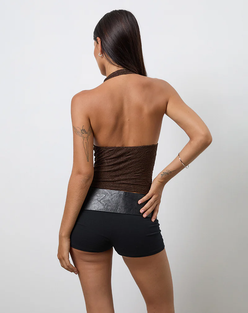 Cosimo Halter Neck Top in Textured Mesh Brown - Image 5