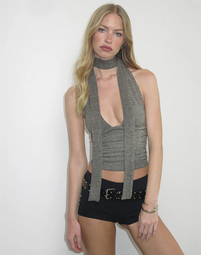 Cosimo Halter Neck Top with Scarf in Glitter Knit Khaki - Image 2