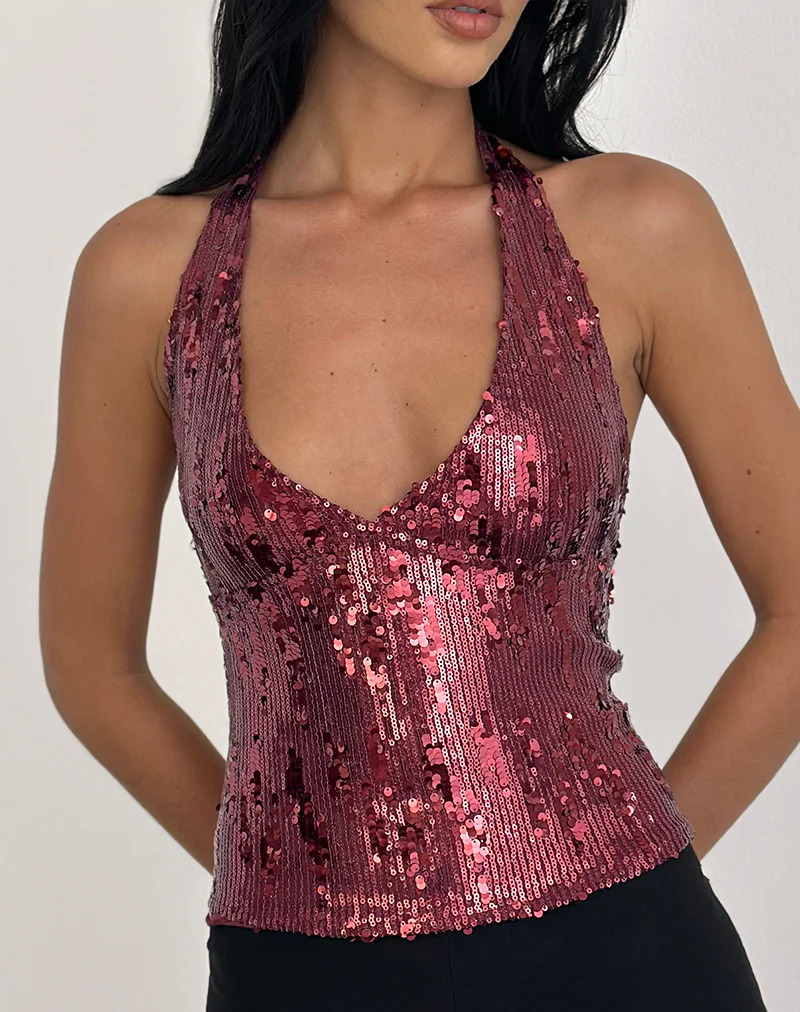 Cosio Halter Top in Mix Sequin Maroon - Image 2