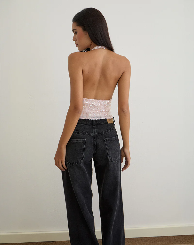 Cosio Halter Top in Sequin Baby Pink - Image 6