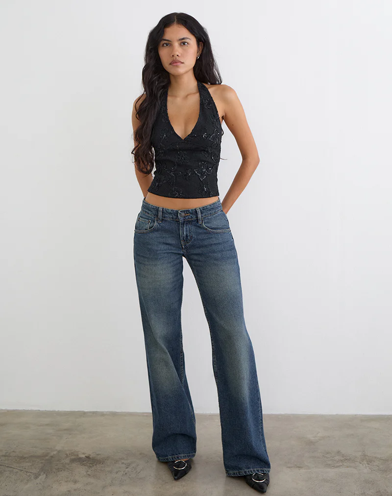 Cosio Halter Top in Sequin Knit Black - Image 4