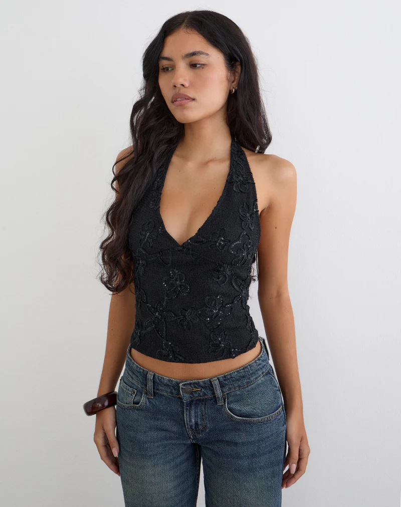 Cosio Halter Top in Sequin Knit Black - Image 5