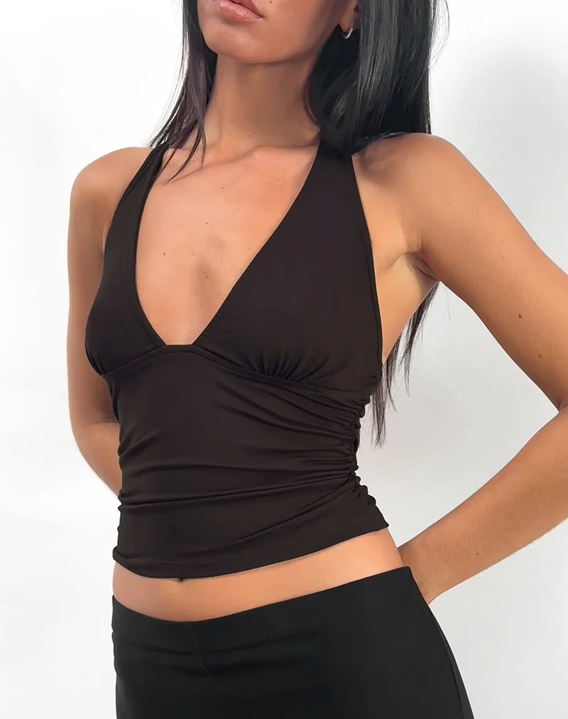 Cosmo Halterneck Top in Jersey Chocolate Brown - Image 2