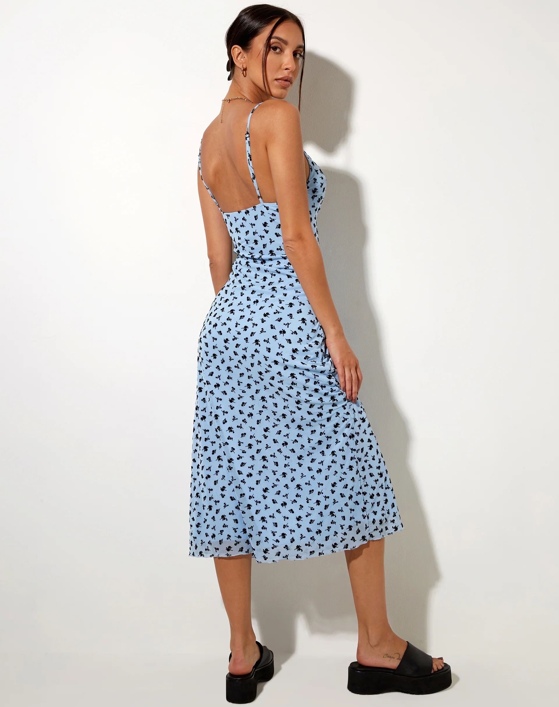 Cotina Midi Dress in Blue Flower Buds Black Flock - Image 2