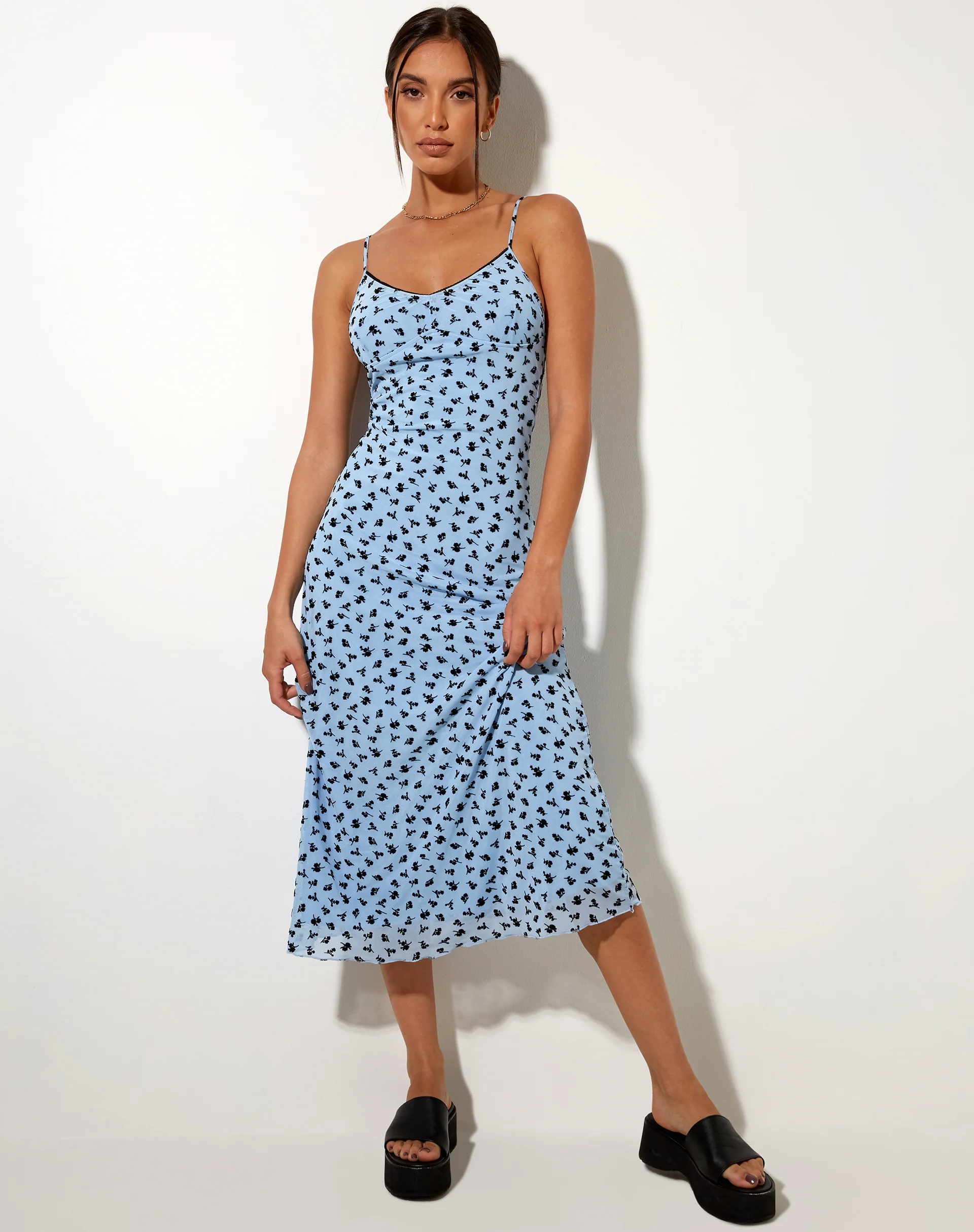Cotina Midi Dress in Blue Flower Buds Black Flock - Image 4