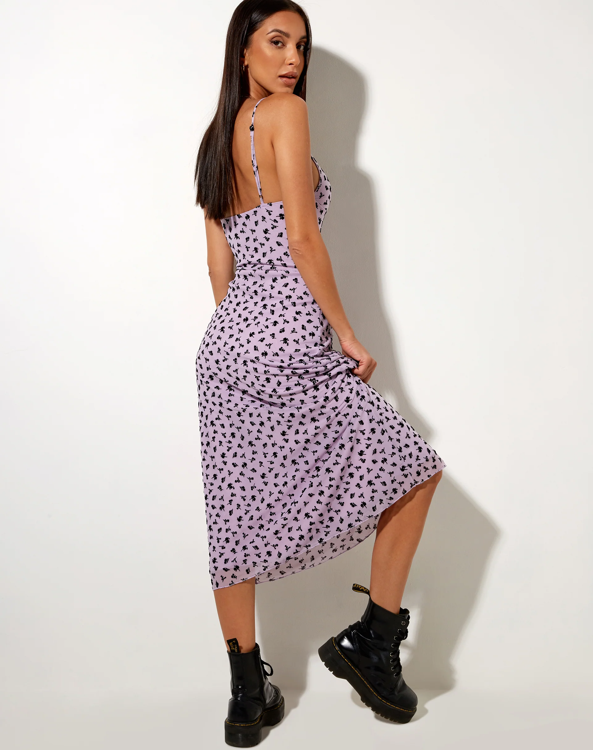 Cotina Midi Dress in Lilac Flower Buds Black Flock - Image 2