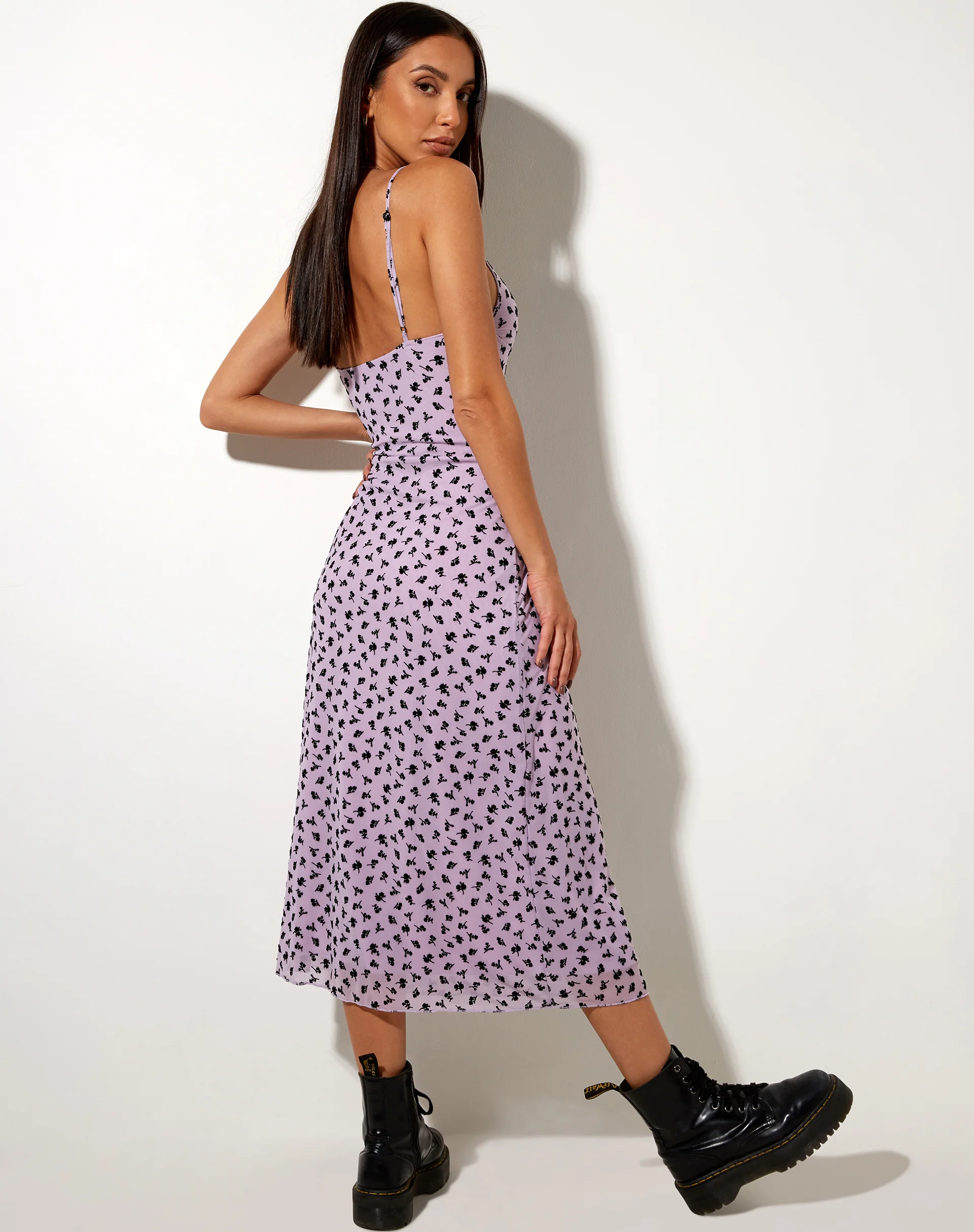 Cotina Midi Dress in Lilac Flower Buds Black Flock - Image 4