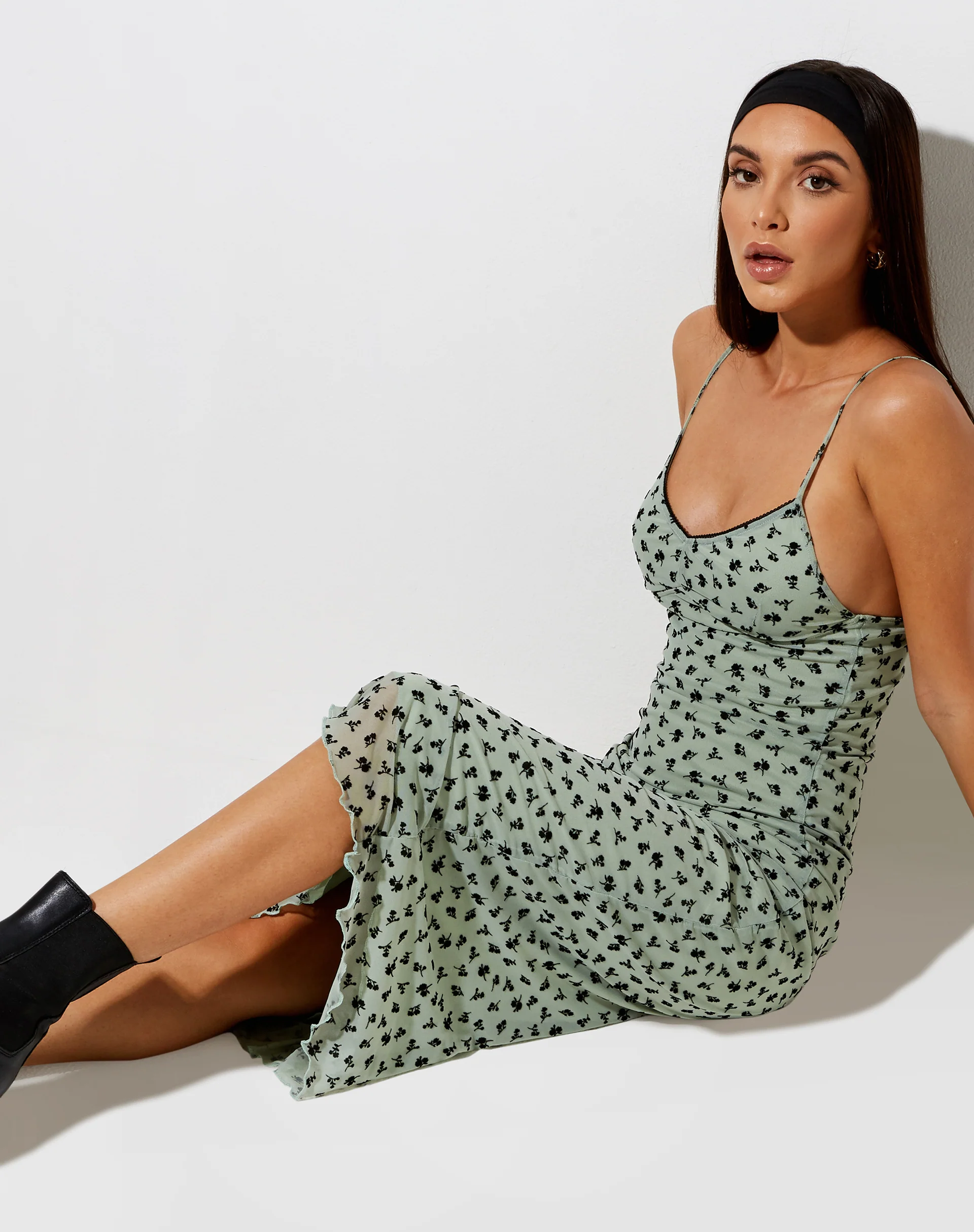 Cotina Midi Dress in Sage Flower Buds Black Flock - Image 3