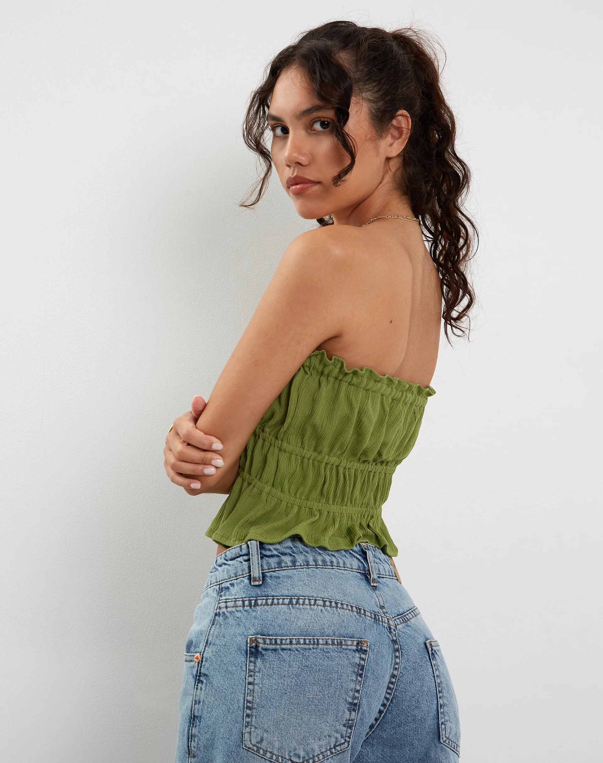 Cove Bandeau Top in Crinkle Green Sweet Pea - Image 4