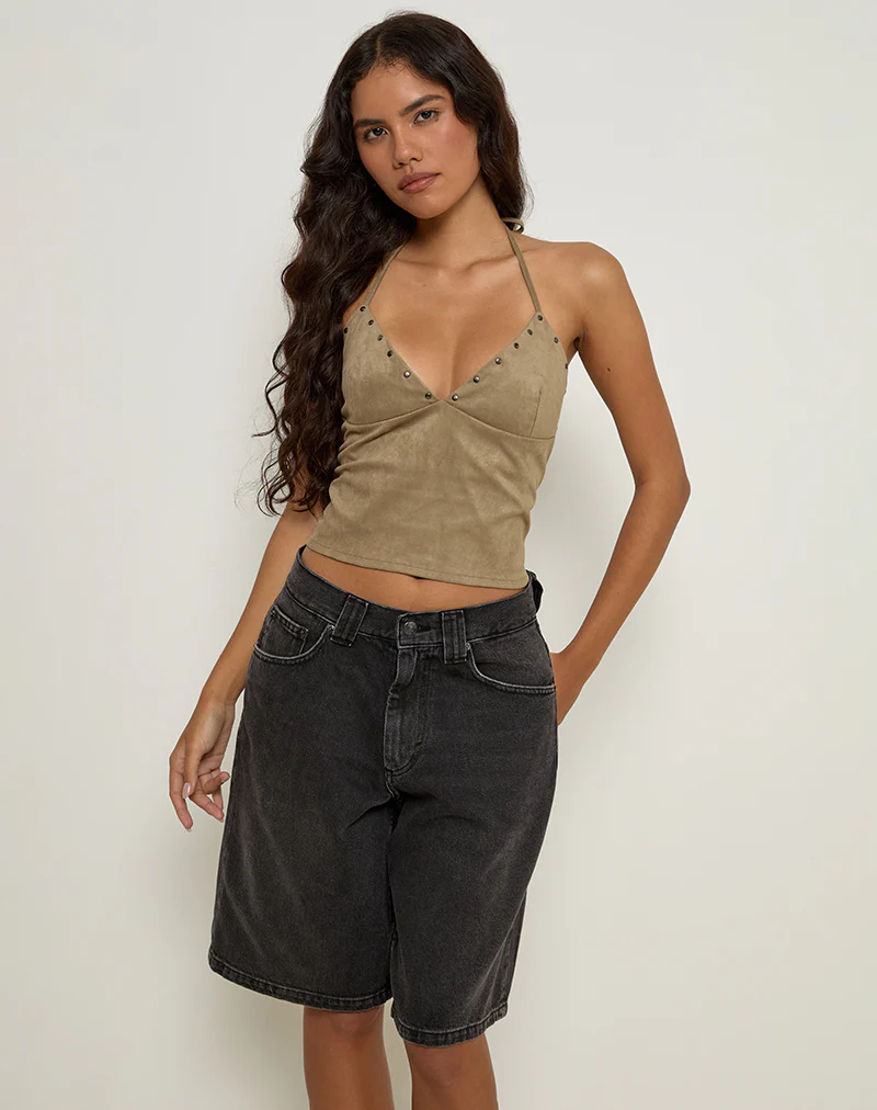 Cressa Top in Faux Suede Mushroom Grey - Image 4