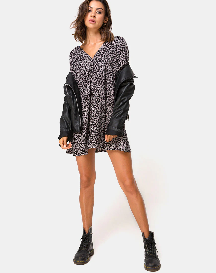 Crosena Swing Dress in Ditsy Rose Black - Image 3
