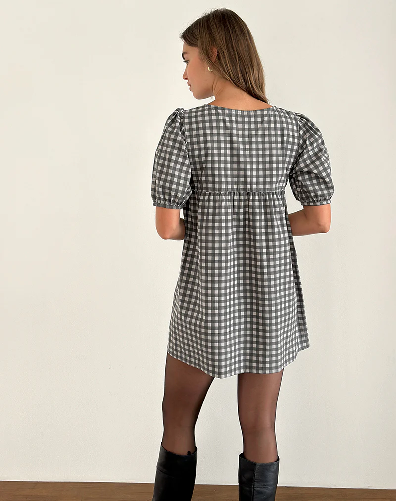 Cybera Mini Dress in Tonal Gingham Black and Grey - Image 3