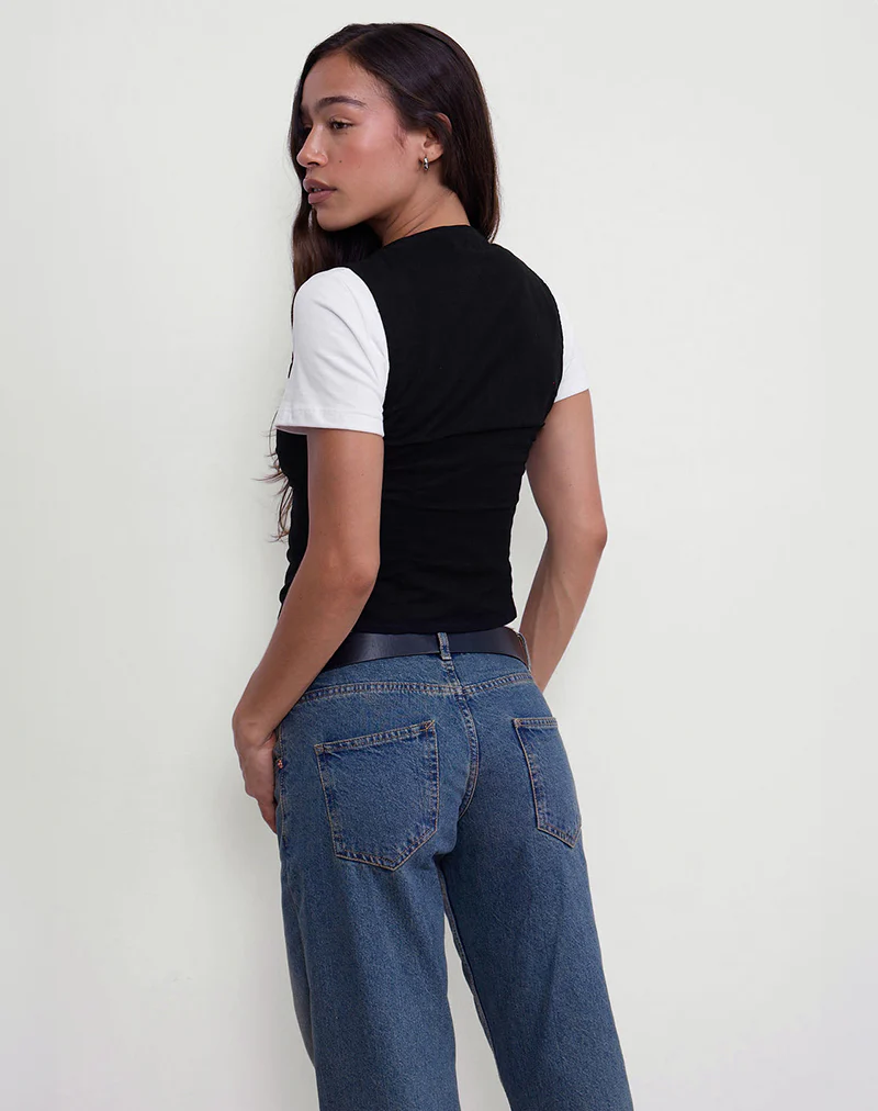 Cyna Button Through Vest Top in Black Linen - Image 3