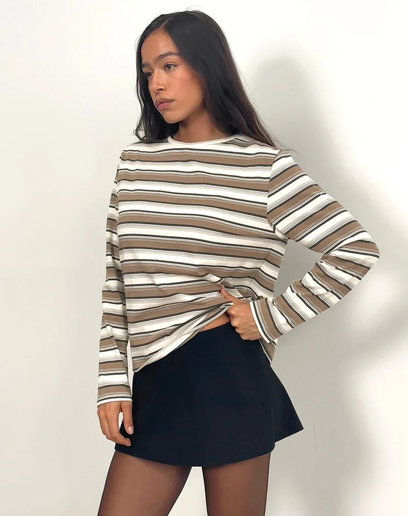 Dafika Long Sleeve Jersey Top in Brown and White Stripe - Image 5