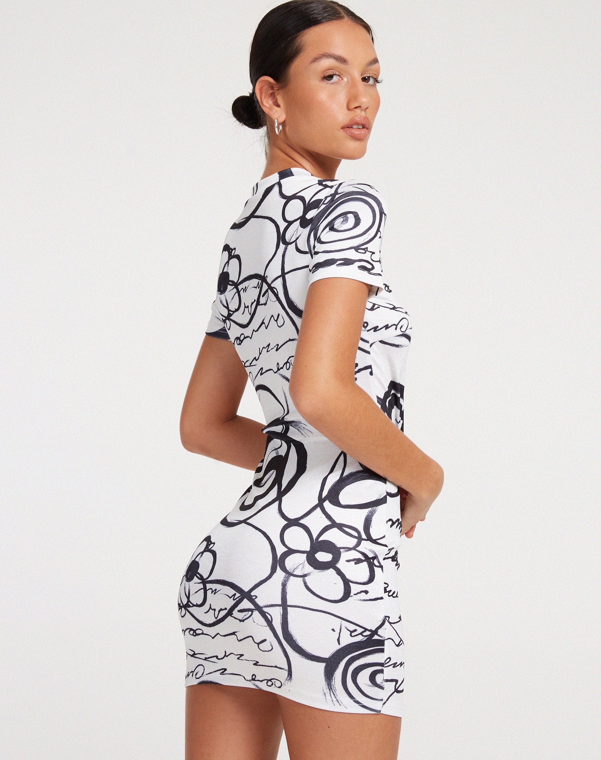 Dahara Mini Dress in Mono Doodle Black and White - Image 3