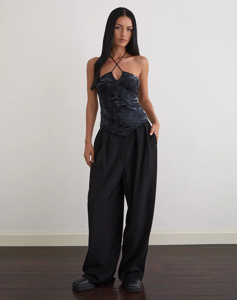 Daiki Halterneck Top in Leaf Velvet Dark Blue - Image 2