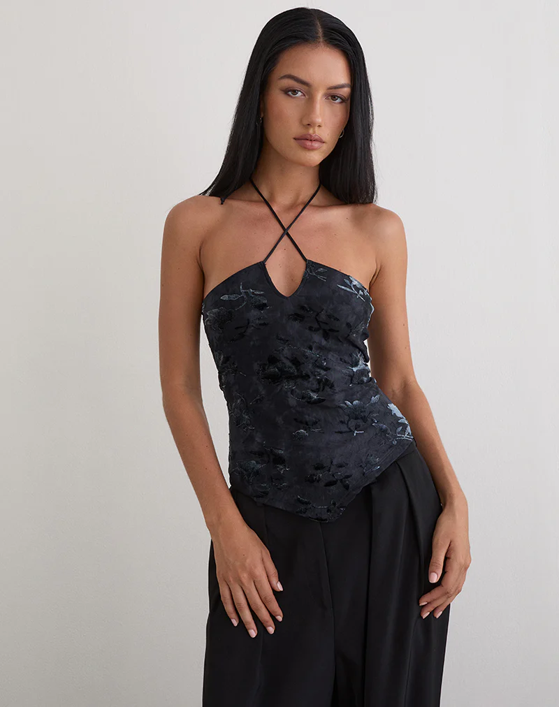 Daiki Halterneck Top in Leaf Velvet Dark Blue - Image 4