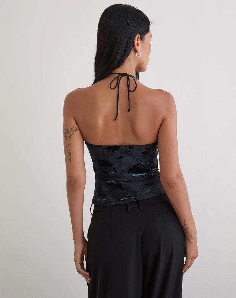 Daiki Halterneck Top in Leaf Velvet Dark Blue - Image 5