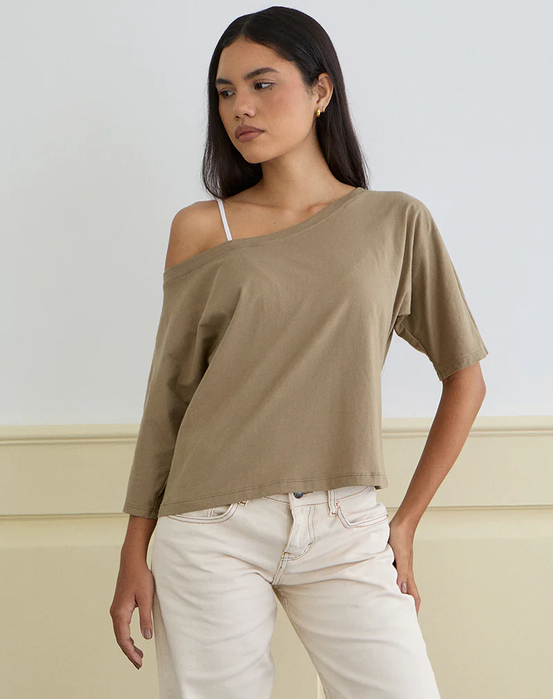 Daimin Off the Shoulder Top in Jersey Khaki - Image 2